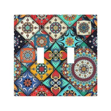 Imagem de Nadoabtm Placas decorativas para interruptores coloridos flor talavera mandala floral 2 gangues interruptor duplo interruptor de luz placa de parede placa elétrica para decoração de cozinha, sala de