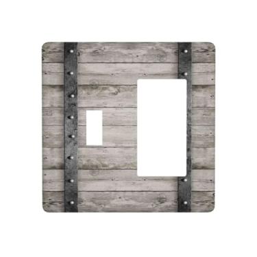 Imagem de DWBGUO Capas de tomada decorativas com barril de madeira de carvalho cinza vintage com design de faixas de ferro, placa de parede de 2 gangues 1 gangue, interruptor de luz de interruptor único para