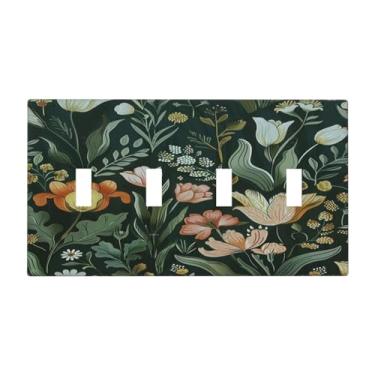 Imagem de DWBGUO Capa decorativa para interruptor com design rústico de tulipas com planta verde rústica placa de parede artística 4 gangues exclusivo interruptor de luz quádrupla capas de interruptor elétrico
