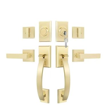 Imagem de SUYA Conjunto de fechadura de porta frontal dupla resistente com fechadura de cilindro único e alavanca quadrada (combinação com chave e falso) - reversível para portas de entrada externas esquerda