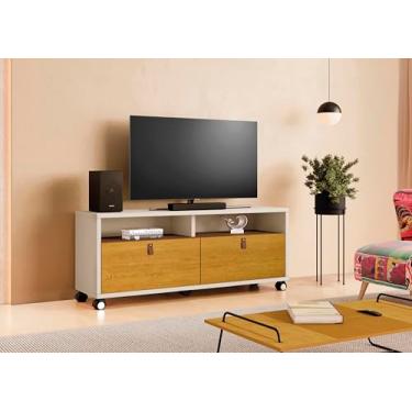 Imagem de Pequim Rack para TV, Off White e Naturale, MDP e MDF, para TVs até 55 Polegadas, 2 Gavetas com Corrediças Telescópicas, 5 Rodízios, 145x57x39.5 cm