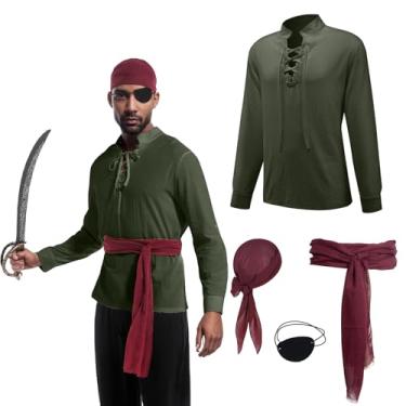 Imagem de 4 peças de fantasia de pirata masculina, camisa de pirata renascentista medieval, bandana, faixa e tapa-olhos para homens, roupa de cosplay de carnaval de Halloween (verde exército, 2GG)
