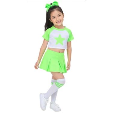 Imagem de Total 2550 Vestido infantil para meninas fantasia de líder de torcida uniforme de líder de torcida manga estrela de Halloween (verde neon/branco, P/3-5)