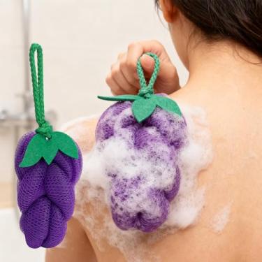 Imagem de Esponja de banho em forma de fruta esponja de banho esfregão corporal de malha macia esponja de banho em forma de fruta para mulheres e homens, acessórios de banho (uva, 13 x 5,5 x 5,5 cm)