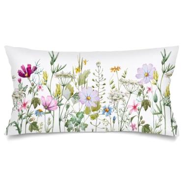 Imagem de Capas de almofada lombar primavera 50 x 101 cm, capa de travesseiro floral longo para cama, verde sálvia flores silvestres planta king size fronha com fecho de envelope capa de almofada decorativa de