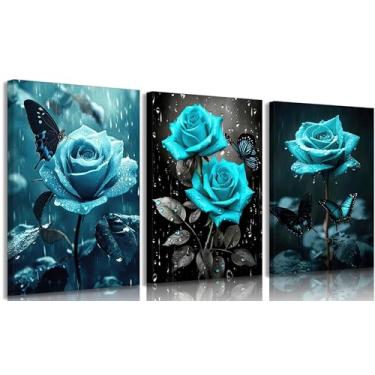 Imagem de 3 peças de arte de parede em tela rosa azul-petróleo elegante rosa encharcada de chuva com borboletas decoração de parede imagens flores naturais pôsteres impressões pinturas para sala de estar
