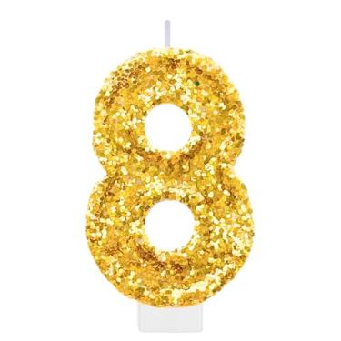 Imagem de Vela de aniversário dourada número 8 para bolo, topo de bolo dourado com glitter, decorações de 8 anos, suprimentos de festa para mulheres e homens, enfeite de cupcake de princesa para decoração de