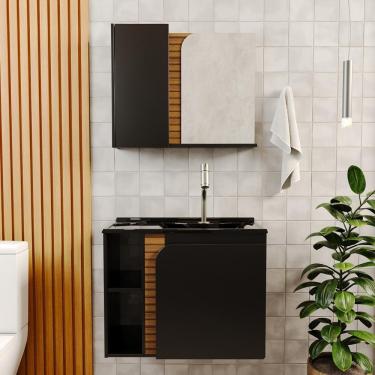 Imagem de Gabinete Banheiro Lotus Com 2 Portas Espelheira E Cuba Preto Fosco/ripa 3d