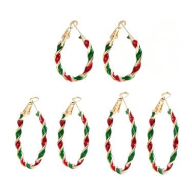 Imagem de RINHOO FRIENDSHIP Conjunto de 3 pares de brincos de argola de Natal com grinalda torcida, vermelho, verde, colorido, conjunto de brincos de argola, Medium, Metal, Sem pedra preciosa