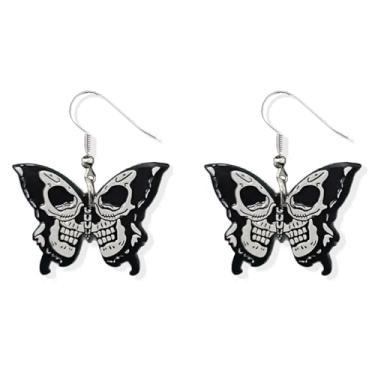 Imagem de Brincos Goth Black Butterfly Skull Drop para mulheres, homens, acrílico, festa de Halloween, crânio, borboleta, Moderate type, Metal, Sem pedra preciosa