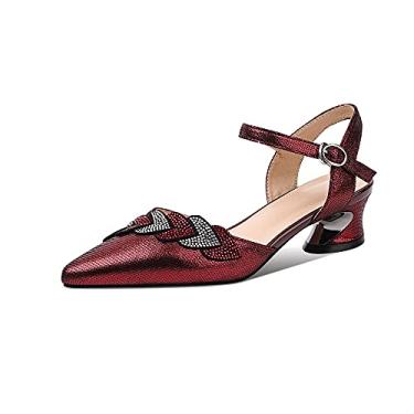 Imagem de TinaCus Sandália feminina casual de couro legítimo feita à mão com bico fino e salto baixo grosso, Borgonha, 10