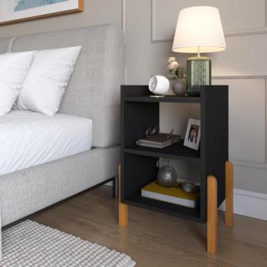Imagem de Mesa De Cabeceira Para Quarto Com Prateleira Pé Madeira Maciça(Preto)