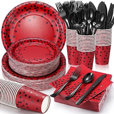 Imagem de Sieral 560 peças de artigos de festa vermelhos e pretos para 80 convidados, conjunto de louça descartável, pratos de papel vermelho e preto, guardanapos, copos, garfos de plástico preto, facas,