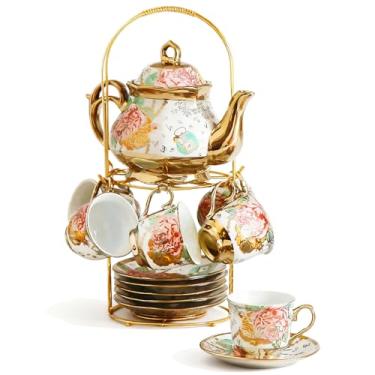Imagem de 13 peças de porcelana ouro e branco balde de café e pires, jarra, colheres com suporte, creme de leite, jarros de espuma, copo de suco de cerâmica e pires, lata de garrafa de água - flores rosa