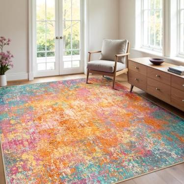 Imagem de RELEANY Tapetes laváveis 1,2 m x 1,8 m, antiderrapante, moderno, abstrato, macio para sala de estar, entrada, quarto, berçário, padrão, laranja, azul, rosa, amarelo, colorido