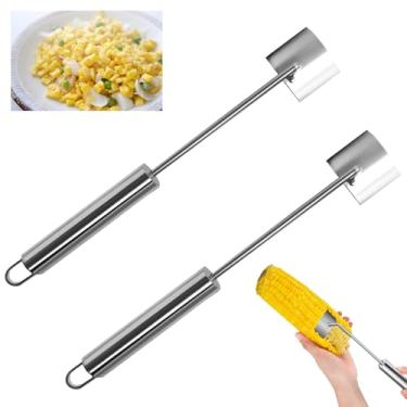 Imagem de Huakaile 2 pacotes de aço inoxidável descascador de espiga de milho na espiga, ferramenta de remoção de grãos de milho de cabo longo, raspador de debulhador para chef de cozinha, decapagem fácil de