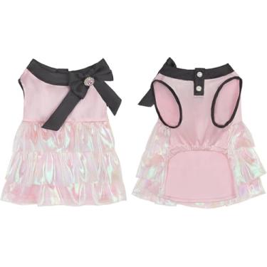 Imagem de TOUCHDOG Vestido de festa rosa para cães pequenos, vestido tutu brilhante com alça de glitter, tule de 3 camadas, laço de diamante rosa, roupa formal para casamentos, festas de aniversário (rosa
