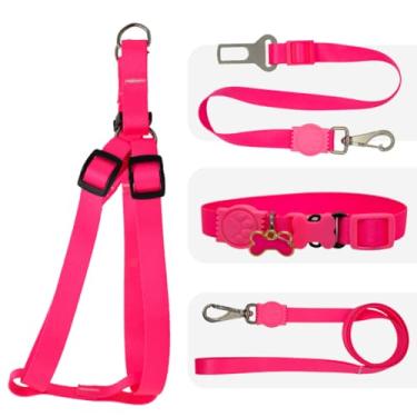 Imagem de Kit Coleira, Peitoral e Cinto de Segurança para Cachorro | Fita de Seda Néon Ajustável, Super Resistente e Confortável | Guia com Trava de Segurança para Passeios e Viagens(Rosa,P)
