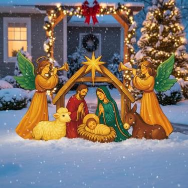 Imagem de Vercraft Presépio grande de metal de 0,9 m, estaca de jardim ao ar livre, decorações de Natal à prova d'água, decoração de presépio de família sagrada para Natal, férias, gramados, jardim, decoração