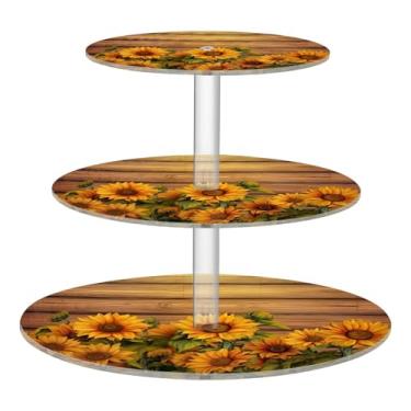 Imagem de Blueangle Suporte de cupcake redondo de 3 camadas – Girassóis em tábua de madeira, torre de sobremesa acrílica, suporte de sobremesa em camadas antiderrapante para chá de bebê, aniversário, festa de