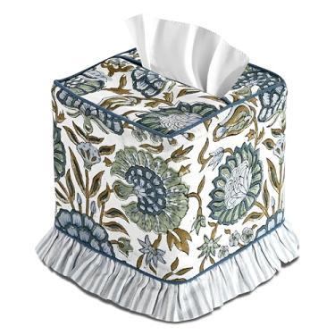 Imagem de Ridhi Capa de caixa de lenços com estampa de bloco verde de espargos feita à mão em algodão decorativo quadrado para casa, quarto, sala de estar, banheiro, penteadeira, bancada, carro, escritório