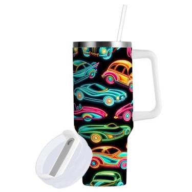 Imagem de ATTX Copo Neon Cars de 1,134 g com alça - Caneca de viagem de aço inoxidável isolada a vácuo, copo de café à prova de vazamento com canudo #470