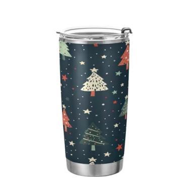 Imagem de GUIJI Copo de aço inoxidável estrela e árvore de Natal 590 ml com tampa e canudo, caneca de viagem de parede dupla isolada a vácuo copo de café para bebidas quentes e frias