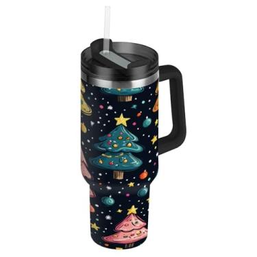 Imagem de ATTX Copo de árvore de Natal de desenho animado de 1,134 g com alça, copo de aço inoxidável a vácuo de parede dupla com palha, caneca de café de viagem isolada #872