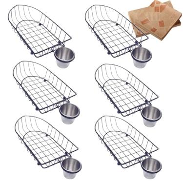 Imagem de Cesta de pão de arame de 6 peças com molho de aço inoxidável, cesta de batatas fritas em forma de barco de 24 cm com 50 folhas de papel, cestas reutilizáveis de fast food para cachorro-quente