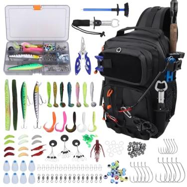 Imagem de Mochila de pesca com caixas de equipamento, bolsa de ombro de pesca à prova d'água para equipamento de pesca, bolsa tiracolo de peixe com kit de iscas de pesca, ferramenta de remoção de anzol, garra