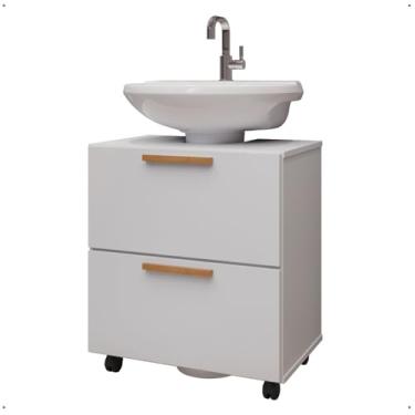 Imagem de Gabinete Com 4 Rodinhas Armário De Banheiro Para Pia De Coluna Duas Portas Puxador Madeira(Branco)