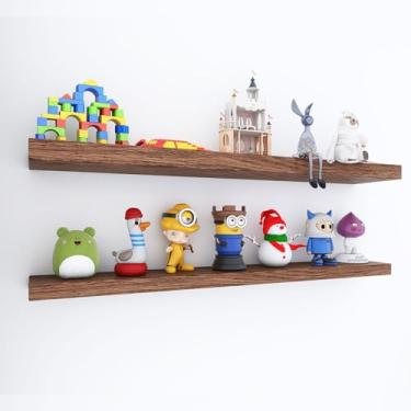 Imagem de Buzleer Prateleiras flutuantes para parede, conjunto de 2 prateleiras de parede de madeira maciça para banheiro, pequena prateleira suspensa para decoração de sala de armazenamento de livros (nogueira