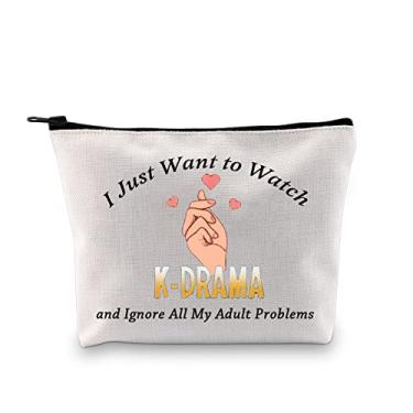 Imagem de PXTIDY K-Drama Gifts Funny K Drama Cosmetic Bag For Fans I Just Want to Watch K-Drama and Ignore All My Adult Problems Bag, Bege, Tendência