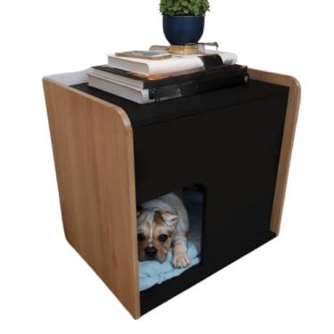 Imagem de Mesa de Cabeceira Cama Pet, Para Cães, 45x45x40 cm, Design Moderno e Confortável, Colchãozinho, criado mudo,mesinha de cabeceira(Preto com Amadeirado)