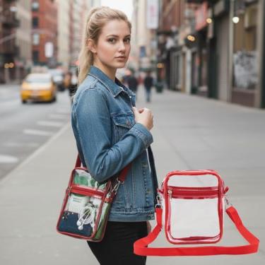 Imagem de Bolsa transversal transparente aprovada para estádio - Bolsa de ombro com alça transparente ajustável com zíperes para eventos esportivos de concertos, Vermelho, Portátil