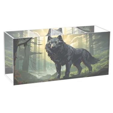 Imagem de CEBUGI Porta-lápis de acrílico com 4 compartimentos, organizador de lápis transparente, lobo preto em pé na floresta, suporte para pincéis de maquiagem para escritório em casa