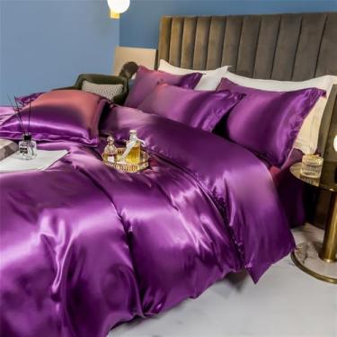 Imagem de XLCZMYL Jogo de cama de seda sólida com capa de edredom lençol de cama fronha de luxo casal solteiro rayon cetim fronhas lençol, violeta, tamanho solteiro 3 peças