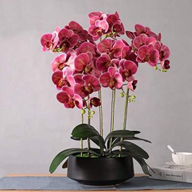 Imagem de LMJYU Conjunto de flores artificiais, orquídea artificial com plantador, flor artificial em vaso, flor falsa com vaso de bonsai Phalaenopsis falso