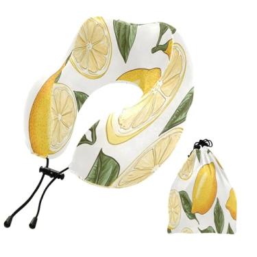Imagem de CEBUGI Travesseiros de viagem portáteis em forma de U, travesseiro de pescoço de espuma viscoelástica com trava de corda ajustável para avião, viagem, trem, negócios, escritório, soneca (limão)