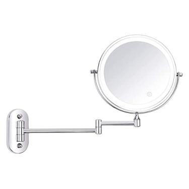 Imagem de YYBOES Espelho de penteadeira cosmético com ajuste de botão em T LED 20 cm espelho dobrável montado na parede espelho duplo iluminado 5X