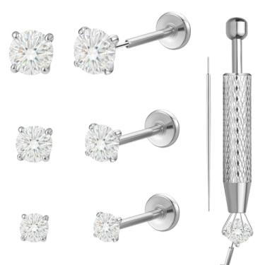 Imagem de hooppoo 6 peças de pinos de nariz e lábio de titânio sem rosca | Joia Labret de pressão traseira plana de 20 g com moissanite de 2/2,5/3 mm para narina, tragus, piercing de hélice, 20G, Titânio