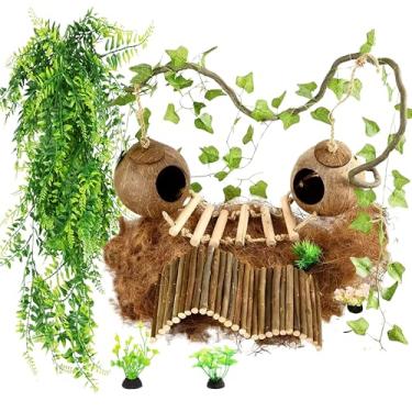 Imagem de Conjunto de acessórios de tanque de lagartixa com crista de 10 peças – Casca de coco dupla natural com escada, plantas e videiras de ponte para terrário de répteis, lagartixa leopardo, lagarto