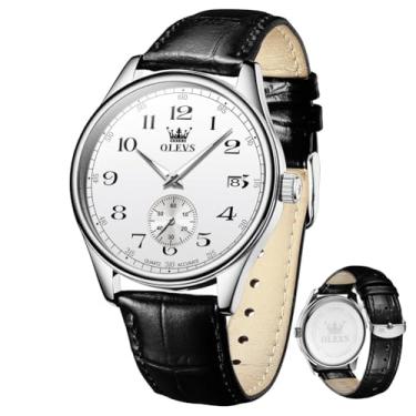 Imagem de OLEVS Relógios masculinos com pulseira de couro, vintage, clássico, fácil leitor, algarismos arábicos, quartzo, à prova d'água, data e dia, azul/preto/branco, mostrador grande, relógios de pulso