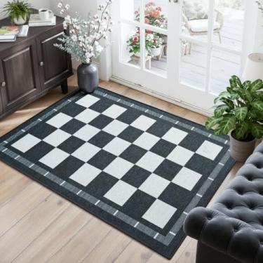 Imagem de Vasofe Tapete de cozinha de juta xadrez, 5,5 x 7,5 cm, preto e branco, tapete para porta da frente, antiderrapante, lavável, tapete para casa de fazenda que não solta pelo baixo para entrada e varanda