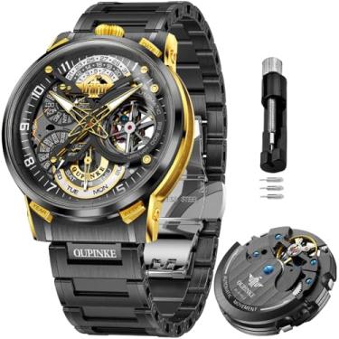 Imagem de OLEVS Relógios masculinos esqueleto automático mecânico automático relógio de luxo relógio masculino de aço inoxidável à prova d'água luminoso Wirstwatch presente para homens, Ouro preto 3278, 3278