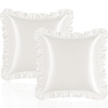 Imagem de Eychei Conjunto de 2 fronhas de travesseiro brancas com babados, 45,7 x 45,7 cm, fronhas de cetim para cabelo e pele, fronha de seda com fecho de envelope, fronha com babados antirugas para sofá, cama