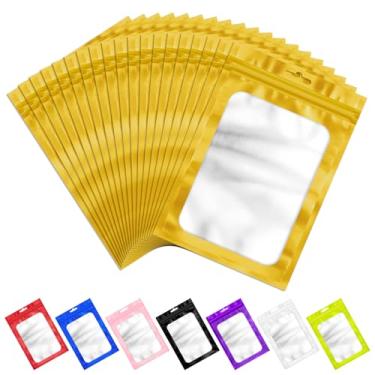 Imagem de 100 sacos Mylar resseláveis com janela transparente, bolsa de embalagem, bolsa de alumínio, bolsa com zíper para suprimentos de armazenamento autovedante de alimentos (12 x 20 cm, dourada)