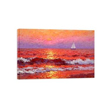 Imagem de Arte de parede paisagem imagem em tela - barco marítimo pôr do sol decoração moderna impressão pintura para sala de estar pronto para pendurar 20x30cm8x12in tela embrulhada