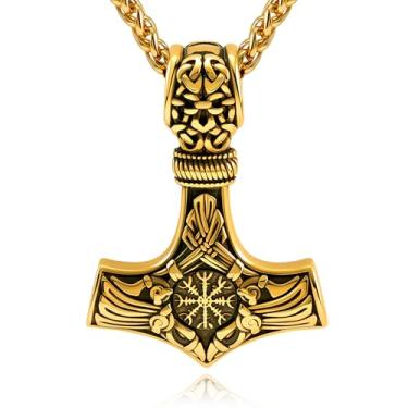 Imagem de Hoyazvet Colar masculino com martelo de Thor Viking, ouro 18K, preto/aço inoxidável, pingente de amuleto Mjolnir, bússola pagã nórdica, joia viking nórdica, com caixa de presente, Aço inoxidável, Sem
