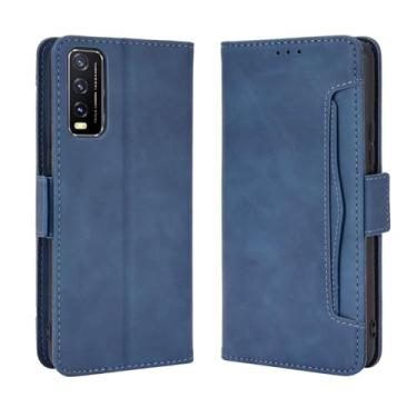 Imagem de Capa para VIVO Y20 2020,Retro magnético Flip Case,Design de carteira de couro PU com slots de cartão removíveis -Blue
